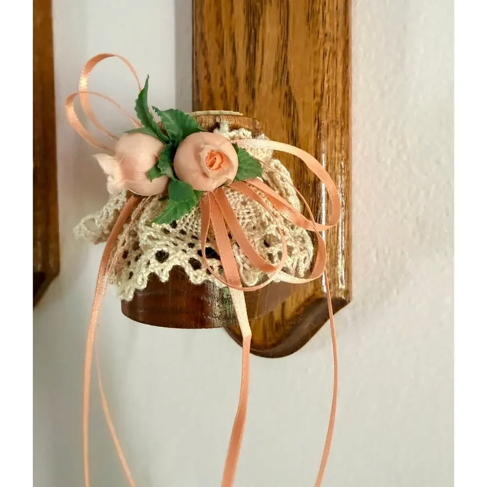 Pair Vintage Oak Wall Candle Sconces Lace Peach Silk Roses Cottage Country